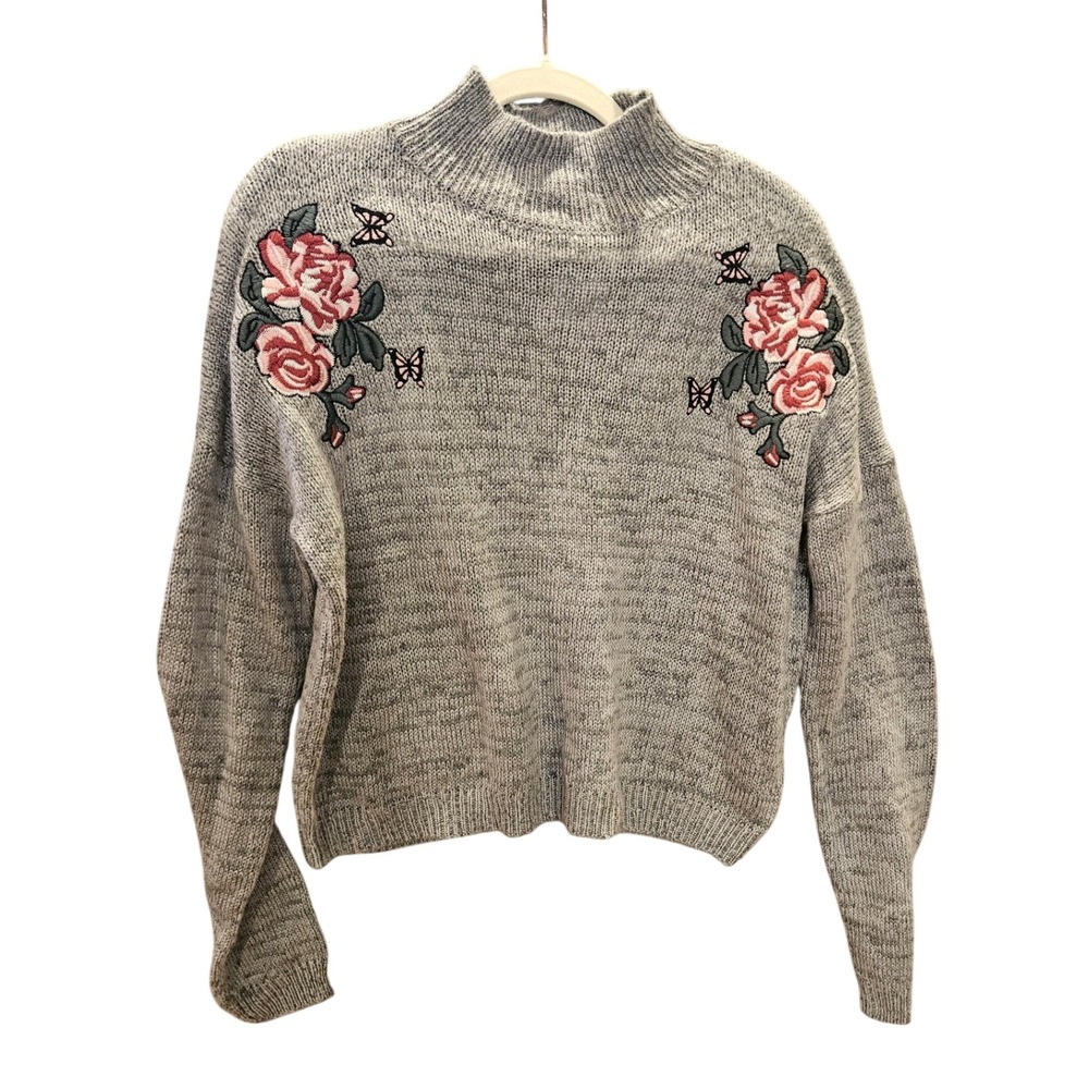 Women Boho‎ Cottage Sweater Sz Lg Gray Mock Neck Embroidered Rose Butterfly #478
